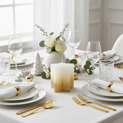 A white wax candle with gold glitter, shaped like a star, with a visible wick and decorative glitter on the surface.