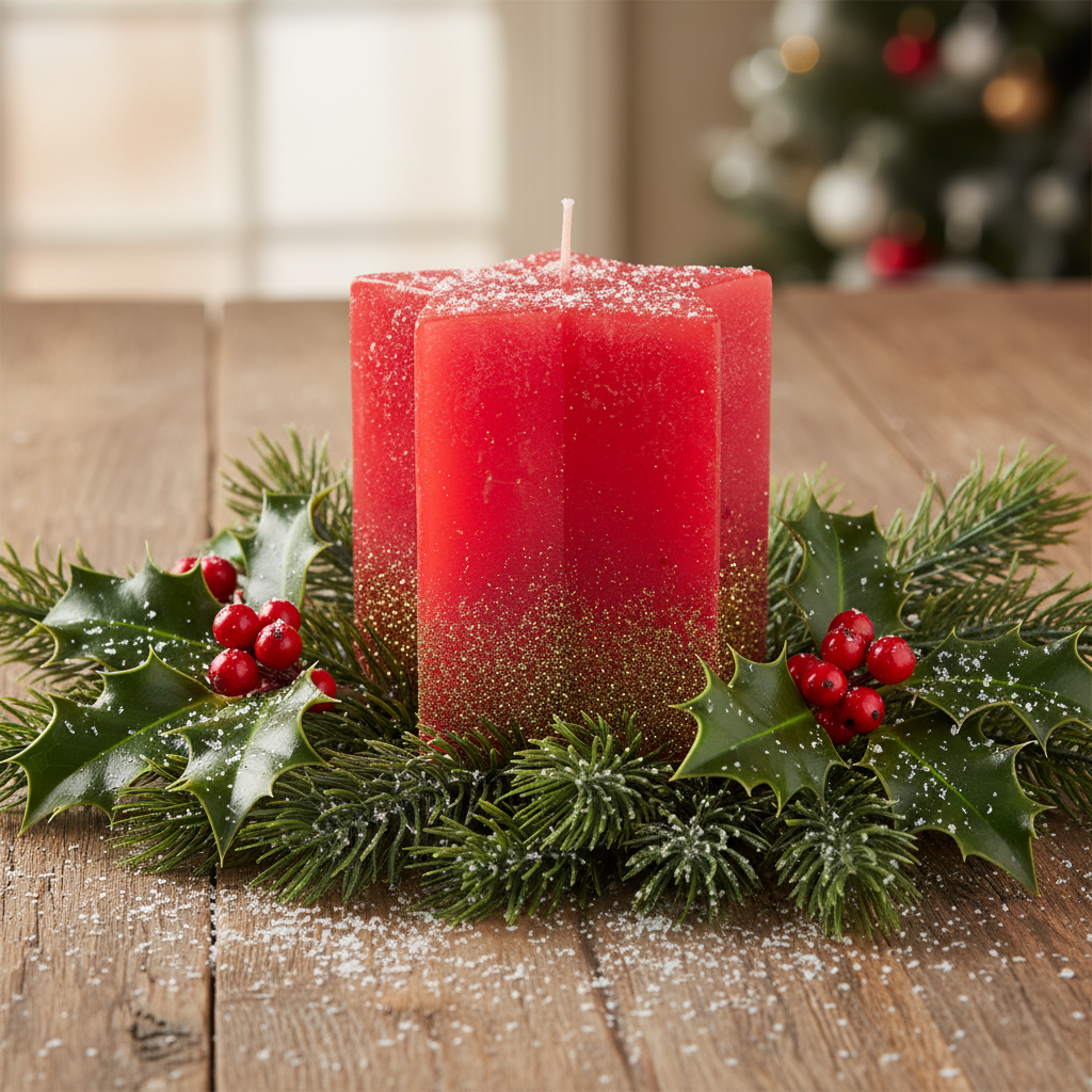 A red wax candle with a gold glitter finish and star shape, with a visible wick and a small amount of melted wax at the base.