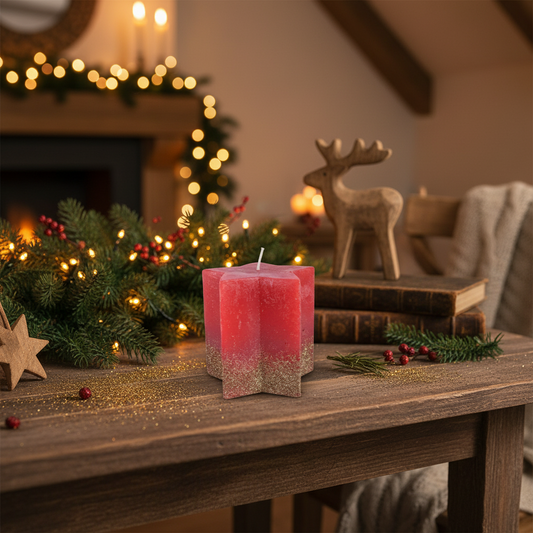 A red wax candle with a gold glitter finish and star shape, with a visible wick and a small amount of melted wax at the base.