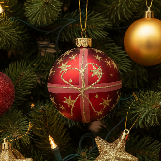Red with Gold Stars and Bow Glass Christmas Bauble