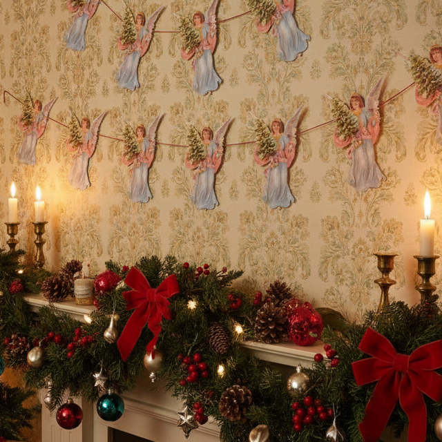 A paper garland featuring multiple motifs of angels holding Christmas trees, with a red string for hanging.