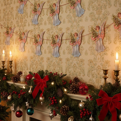 A paper garland featuring multiple motifs of angels holding Christmas trees, with a red string for hanging.