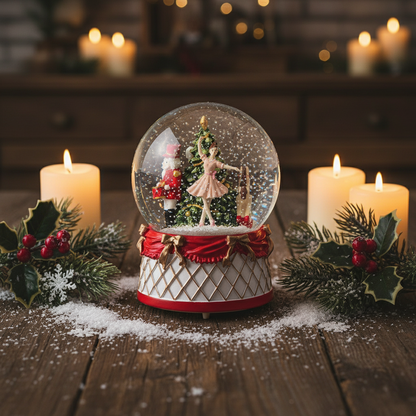 Christmas snow globe with dancing figures on a wooden table with candles and holly.