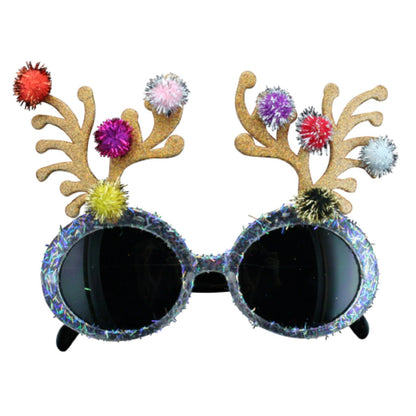 A pair of novelty Christmas glasses with a reindeer antler design, adorned with multicolored pom-poms and glitter.