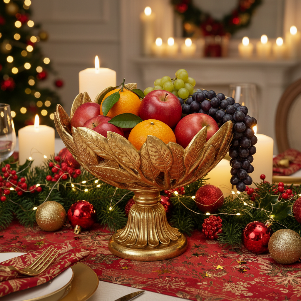 Vintage Style Gold Leaf Festive Bowl on Pedestal
