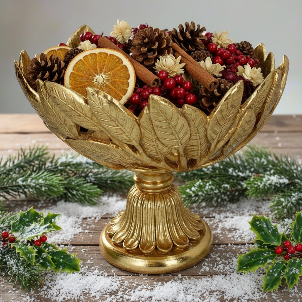 Decorative gold bowl with fruits and cinnamon sticks on a light background