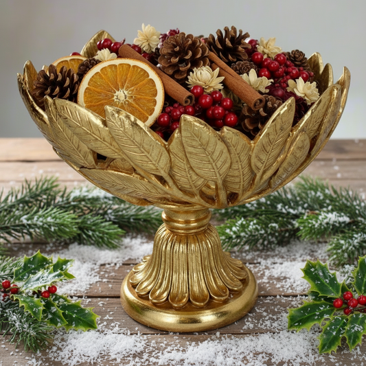 Decorative gold bowl with fruits and cinnamon sticks on a light background