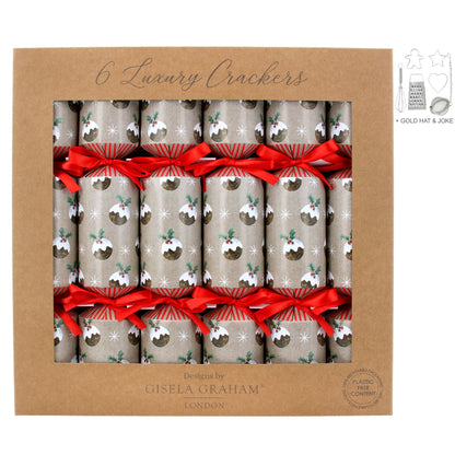 A set of six Christmas crackers with a festive pudding design, adorned with red and white decorative elements, presented in a cardboard packaging with 'Gisela Graham' branding.