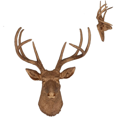 A resin-made golden stag wall plaque, depicting the head and antlers of a stag in a detailed and lifelike manner, suitable for Christmas and seasonal decoration.