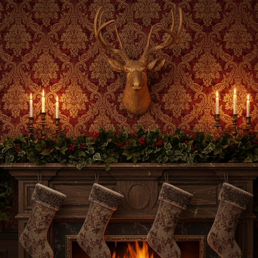 Cozy fireplace with stockings, candles, and a deer head against decorative wallpaper.