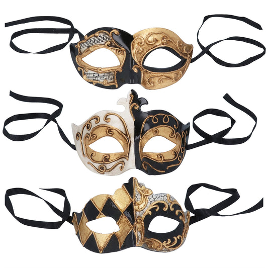 Three ornate masks with black, gold, and white designs on a white background