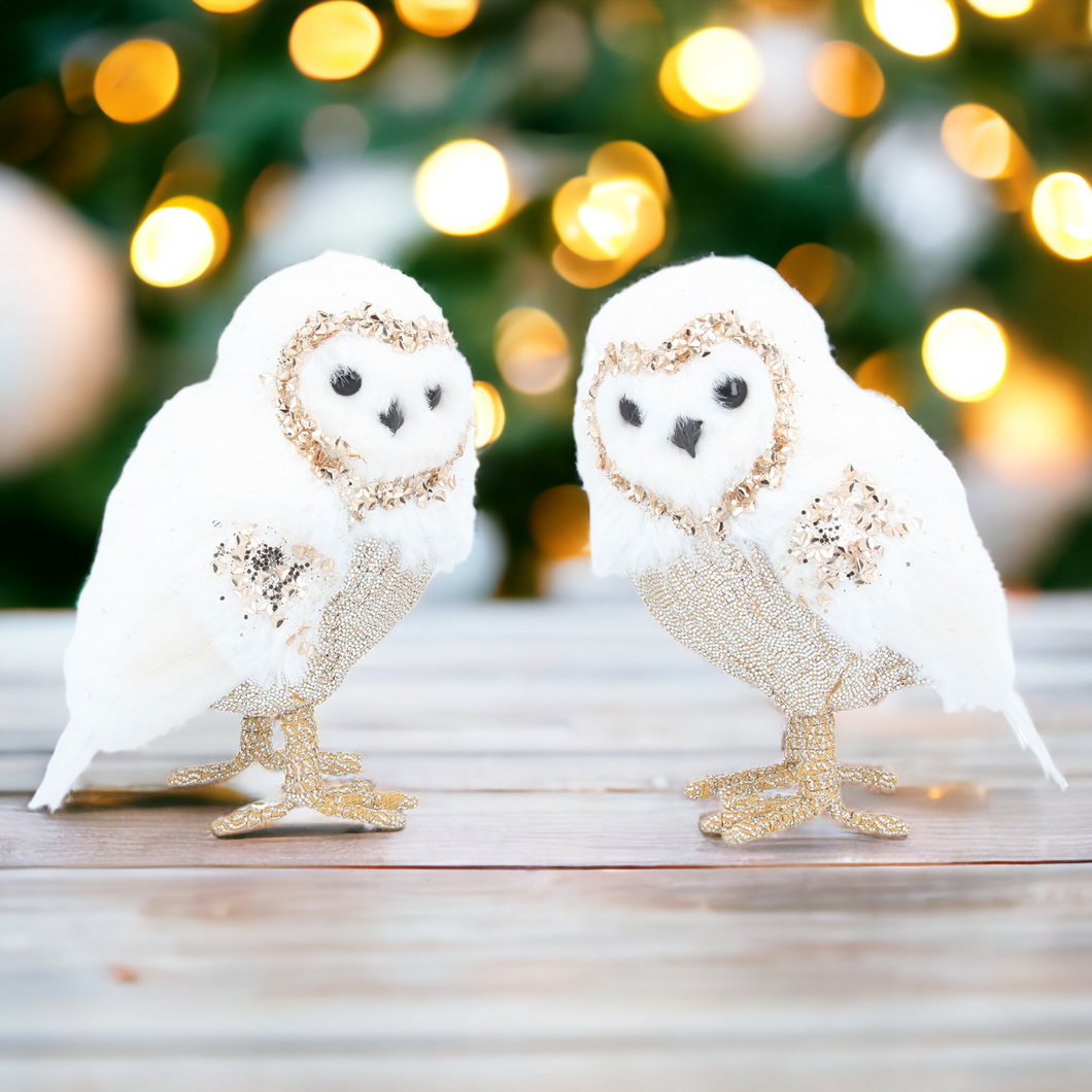 Set of 2 Cream and Gold Owl Christmas Decoration