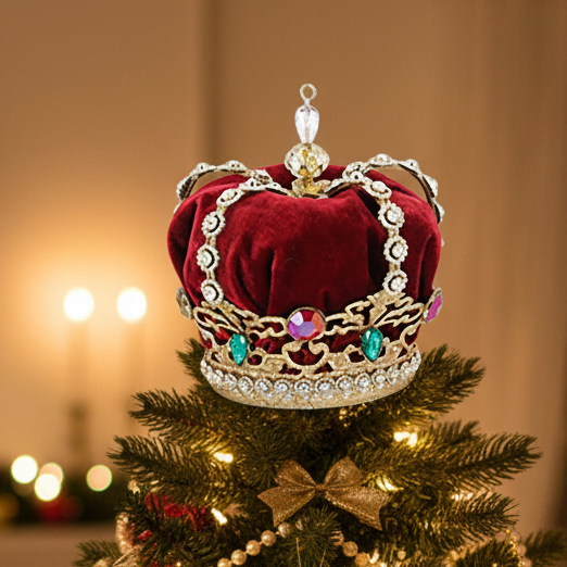 Decorated Christmas tree with a crown ornament in a festive room.