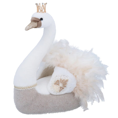 Plush swan with a crown on a white background