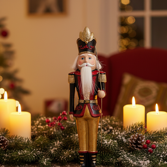 Decorative nutcracker figure with candles and Christmas decorations in the background