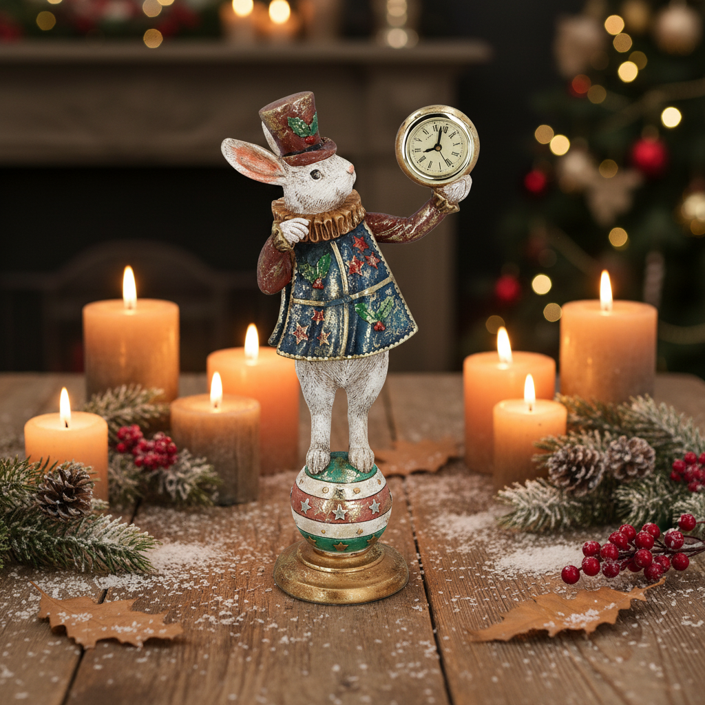 White Rabbit with Clock on Ball Christmas Ornament