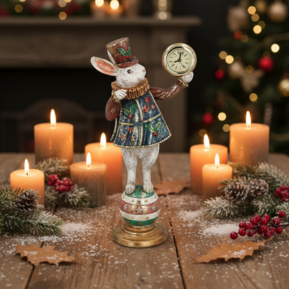 White Rabbit with Clock on Ball Christmas Ornament