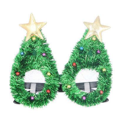 A pair of novelty tinsel tree design glasses with green tinsel, gold stars, and colored balls for Christmas themed parties.