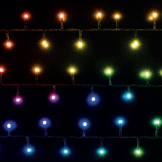 String of multicolored lights on a black background
