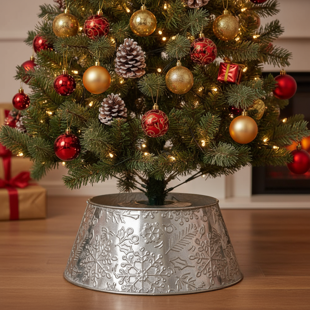 Metal Snowflake Design Silver Christmas Tree Skirt Collapsible 59cm
