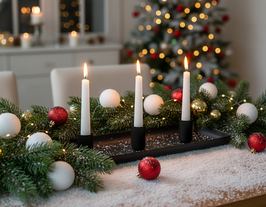 A black rectangular metal tray with four circular candle holders on the top surface.