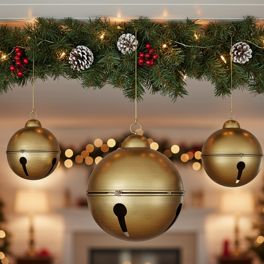 Decorative Christmas garland with gold bells and pinecones against a festive background.