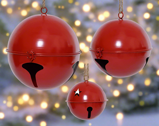 Set of 3 large red metal Christmas bell decorations with a vintage style, hanging from metal ropes.