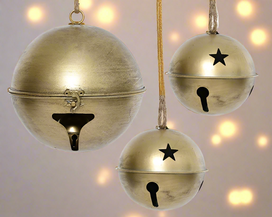 Set of 3 gold-colored large Christmas bells with a powder-coating and metal jute rope hangers.