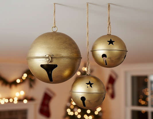 Set of 3 gold-colored large Christmas bells with a powder-coating and metal jute rope hangers.