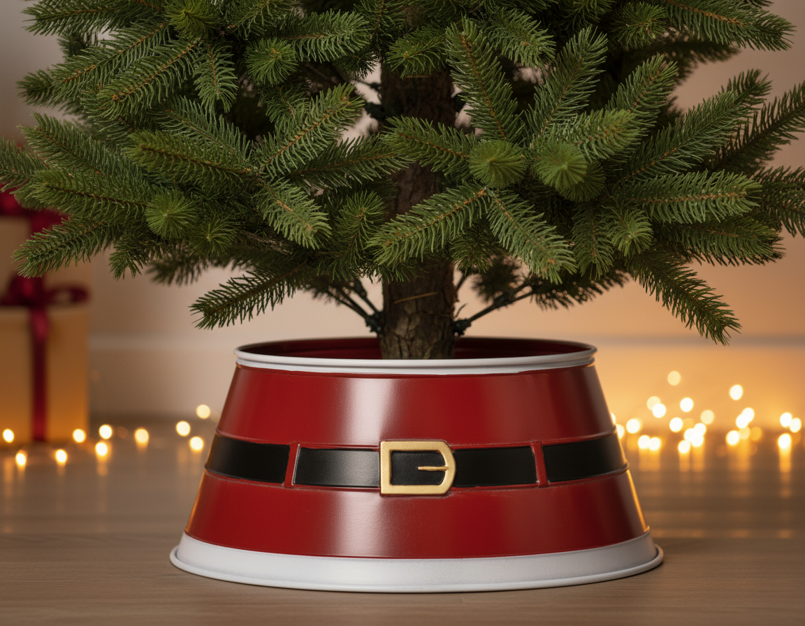 A red and white Santa belt-style metal Christmas tree skirt with a collar and a metallic buckle.