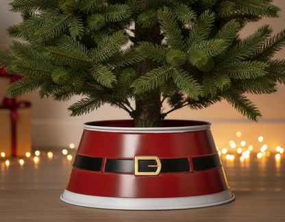 A red and white Santa belt-style metal Christmas tree skirt with a collar and a metallic buckle.