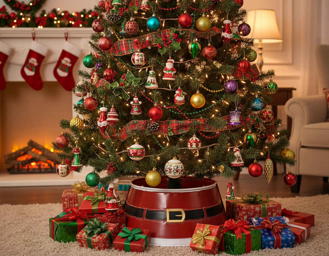 A red and white Santa belt-style metal Christmas tree skirt with a collar and a metallic buckle.