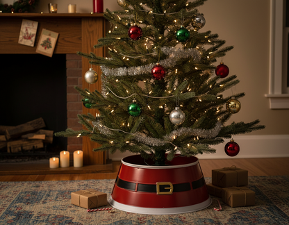 A red and white Santa belt-style metal Christmas tree skirt with a collar and a metallic buckle.