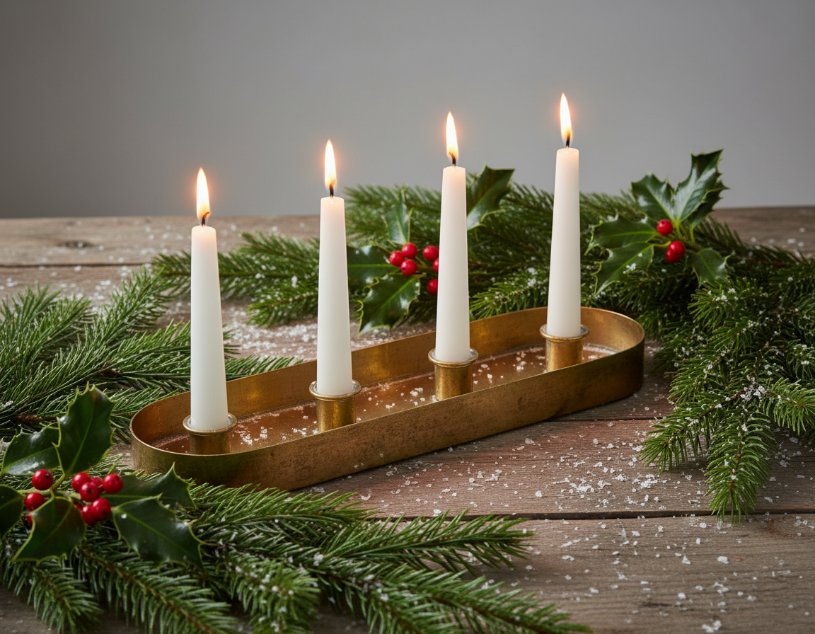 A gold distressed finish metal candle holder with four candle holders on a plain background.