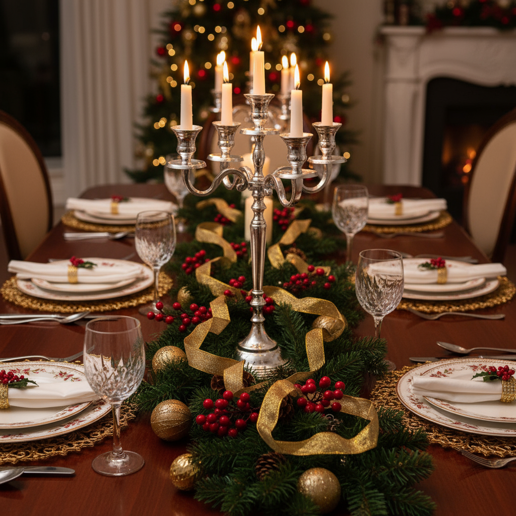 A silver candelabra with five candle holders, featuring a decorative base and a classic design.