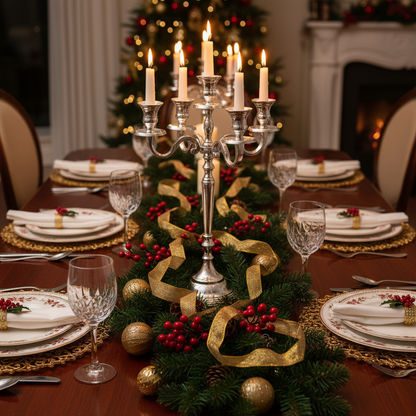 A silver candelabra with five candle holders, featuring a decorative base and a classic design.