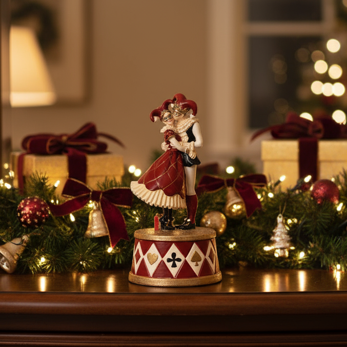 Decorative figurine of a couple on a drum with Christmas decorations in the background