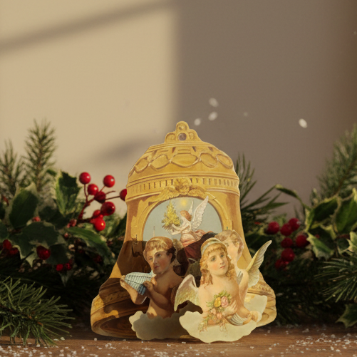 A 3D Christmas card featuring an illustration of four angels on clouds in front of a bell, with a Victorian-inspired design, and an envelope.