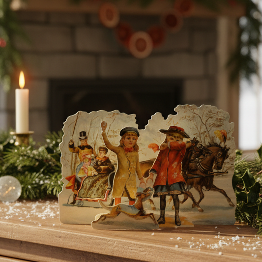 A 3D Christmas card featuring an illustration of a horse-drawn sleigh with children and a dog.