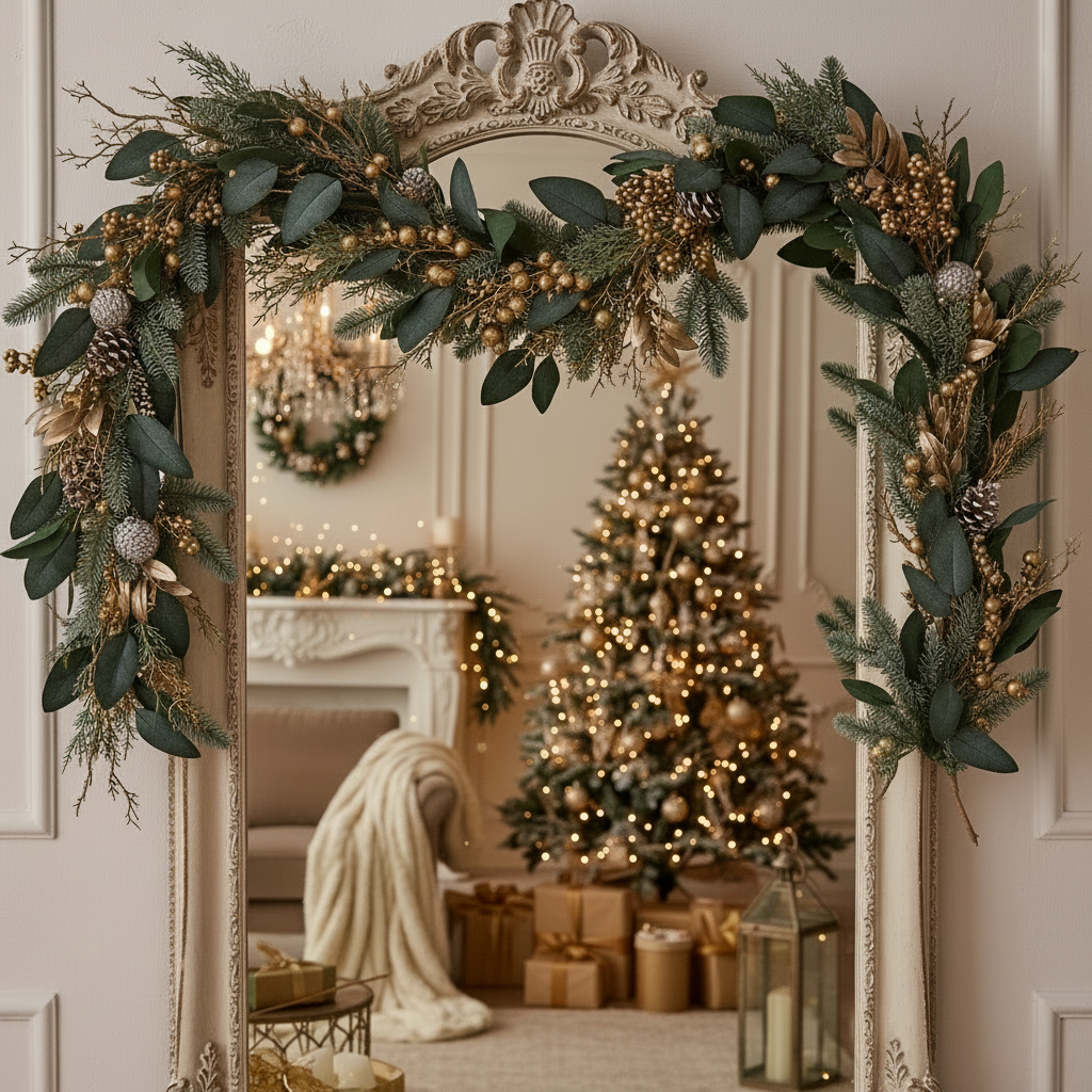 Decorative wreath with greenery and gold accents in a festive room with a Christmas tree.