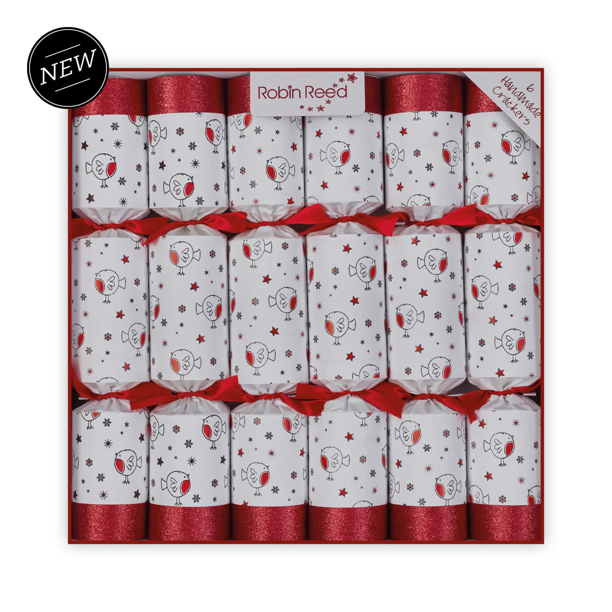 Box of Robin Reed Christmas crackers with red ribbons and festive designs.
