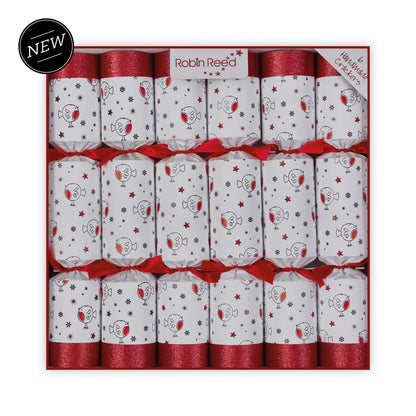 Box of Robin Reed Christmas crackers with red ribbons and festive designs.