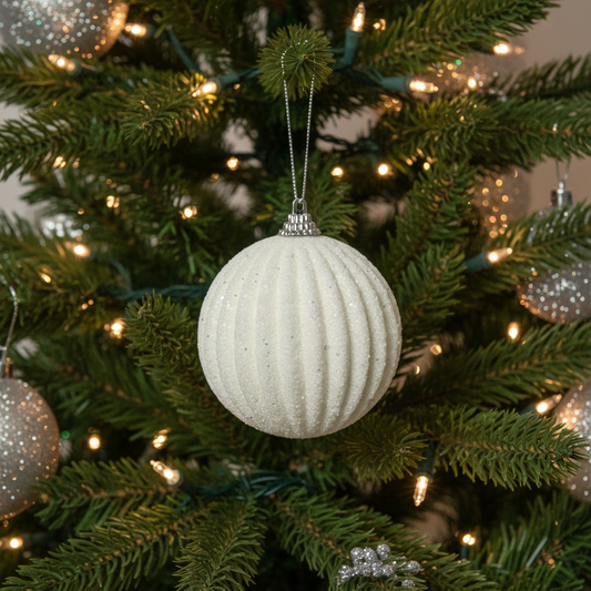 Winter White Christmas Glitter Christmas Bauble 8cm