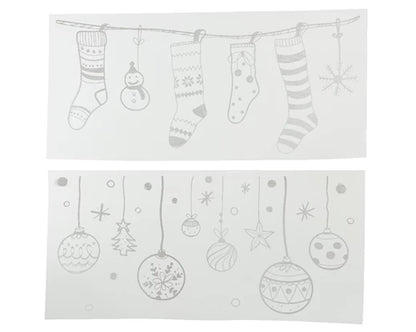 Two window stickers depicting Christmas-themed designs, one with a stocking and one with baubles and snowflakes.