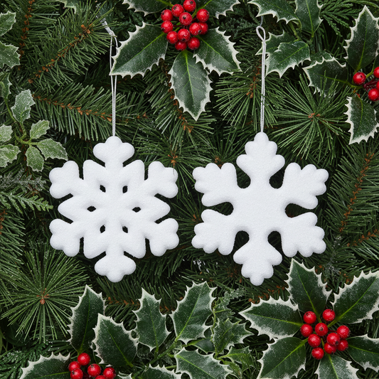 Two large white hanging snowflake decorations with a soft flock finish.