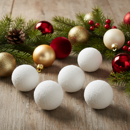 Pack of 6 white foam snowball decorations in a clear plastic packaging with a label showing the product name and brand.