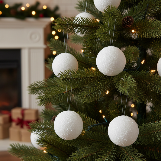 Pack of 6 white foam snowball decorations in a clear plastic packaging with a label showing the product name and brand.