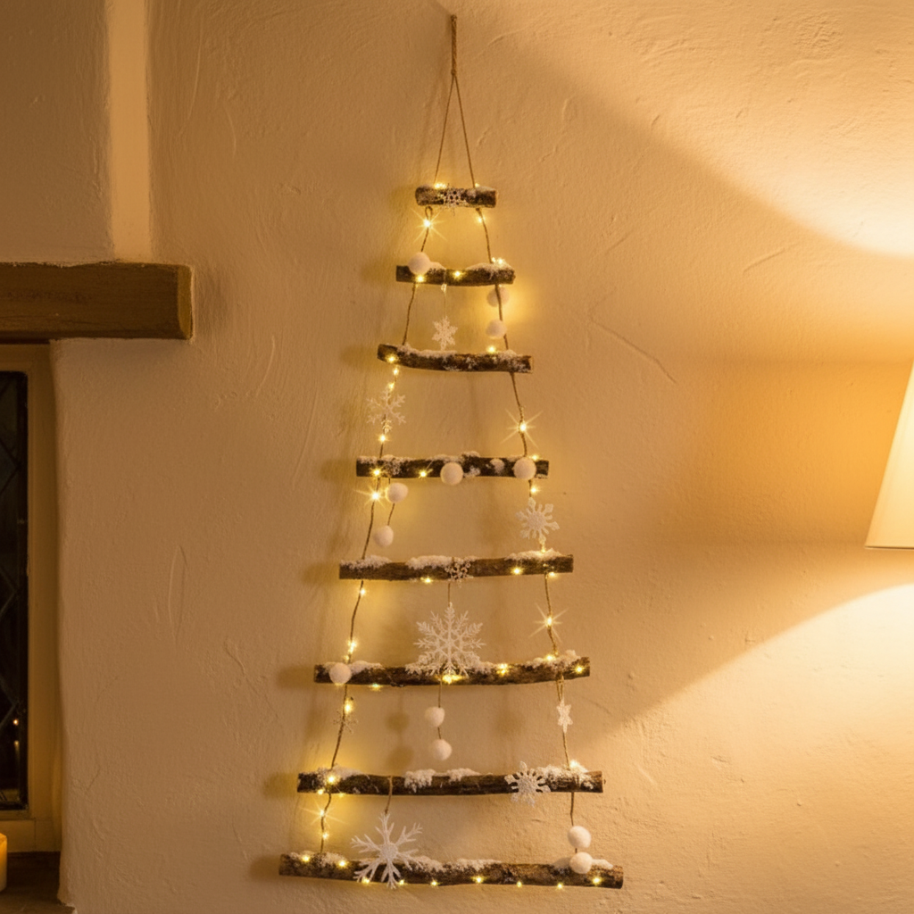Wooden Christmas Tree Ladder with Snowflake Decorations