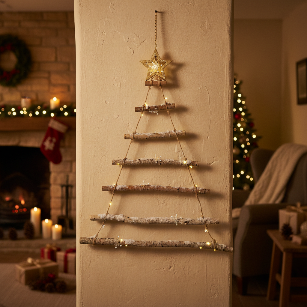 A snowy wooden ladder-shaped Christmas tree decoration with LED lights and snow effect on a dark background.