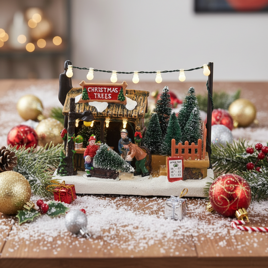 Christmas Tree Seller Lit  Village Scene Decoration